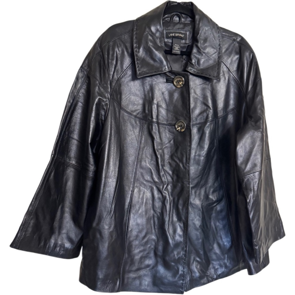 Lane Bryant Genuine 100% Leather Black Swing Coat Jacket Size 22/24 Chic Mod